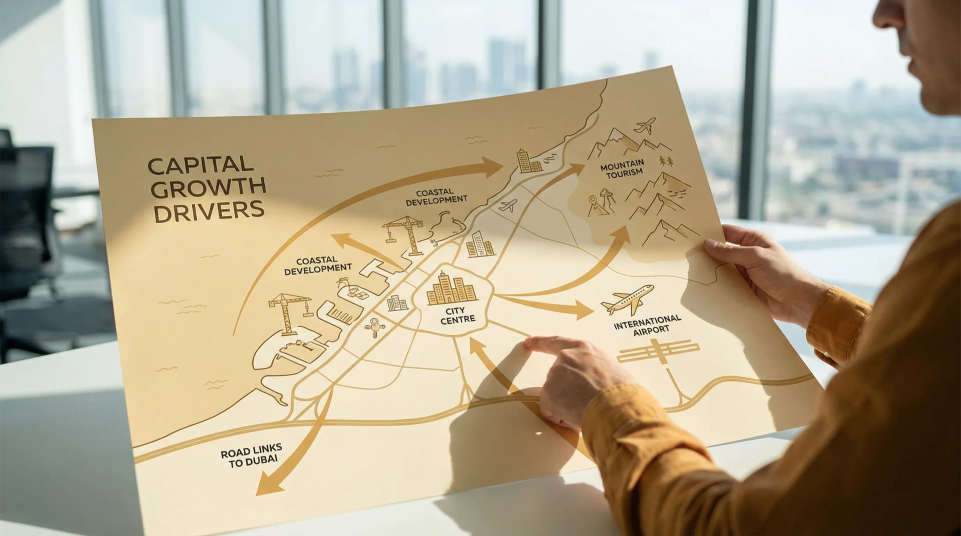 A clean illustrated map of Ras Al Khaimah showing key growth corridors and nodes such as coastal waterfront zones, city centre, major road links toward Dubai, the airport, and mountain tourism areas, with simple labels and arrows indicating capital growth drivers.