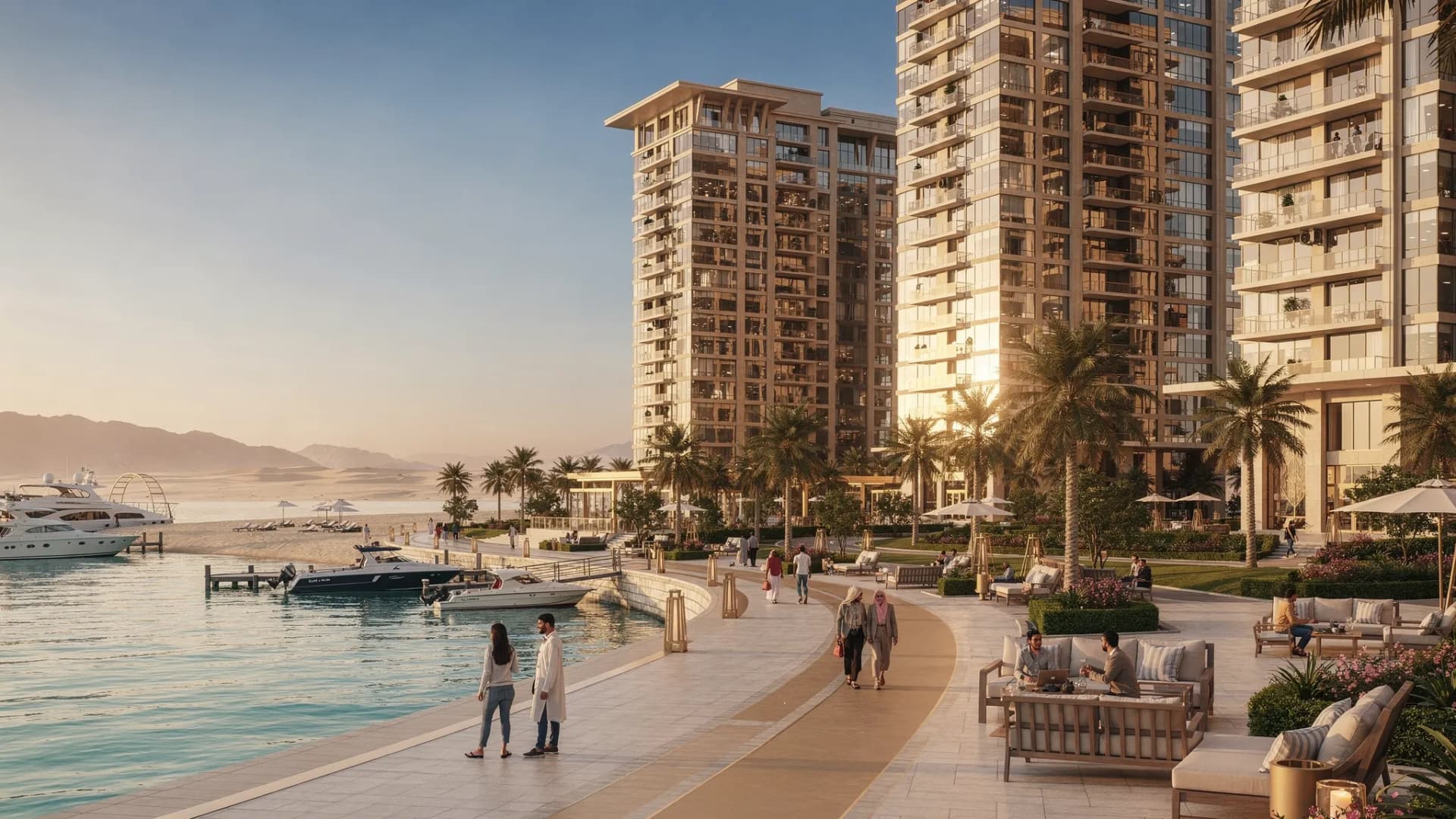 A premium UAE waterfront development with modern residential towers, landscaped promenades, beach access and distant desert mountains, representing diverse real estate investment opportunities.