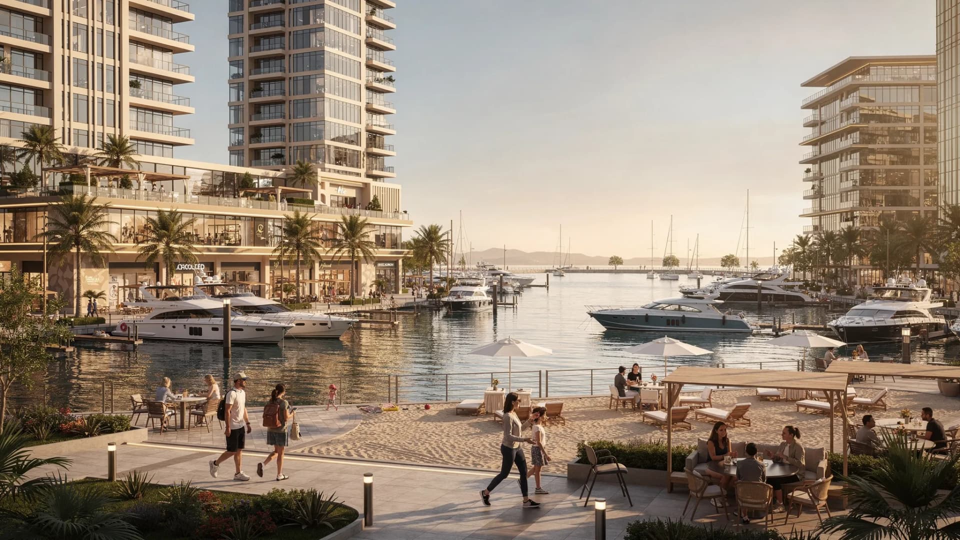 A modern UAE waterfront community with residential towers, landscaped promenades, a marina, beach areas, and resort-style amenities, showing how lifestyle-led districts attract investors and tenants.