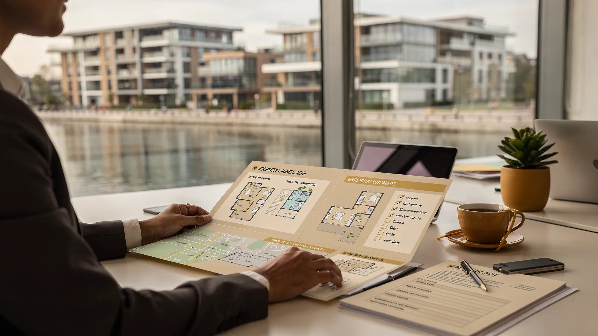 An investor reviewing a property launch pack with floor plans, location maps, financial assumptions and a checklist on a desk, with a modern waterfront development visible in the background.